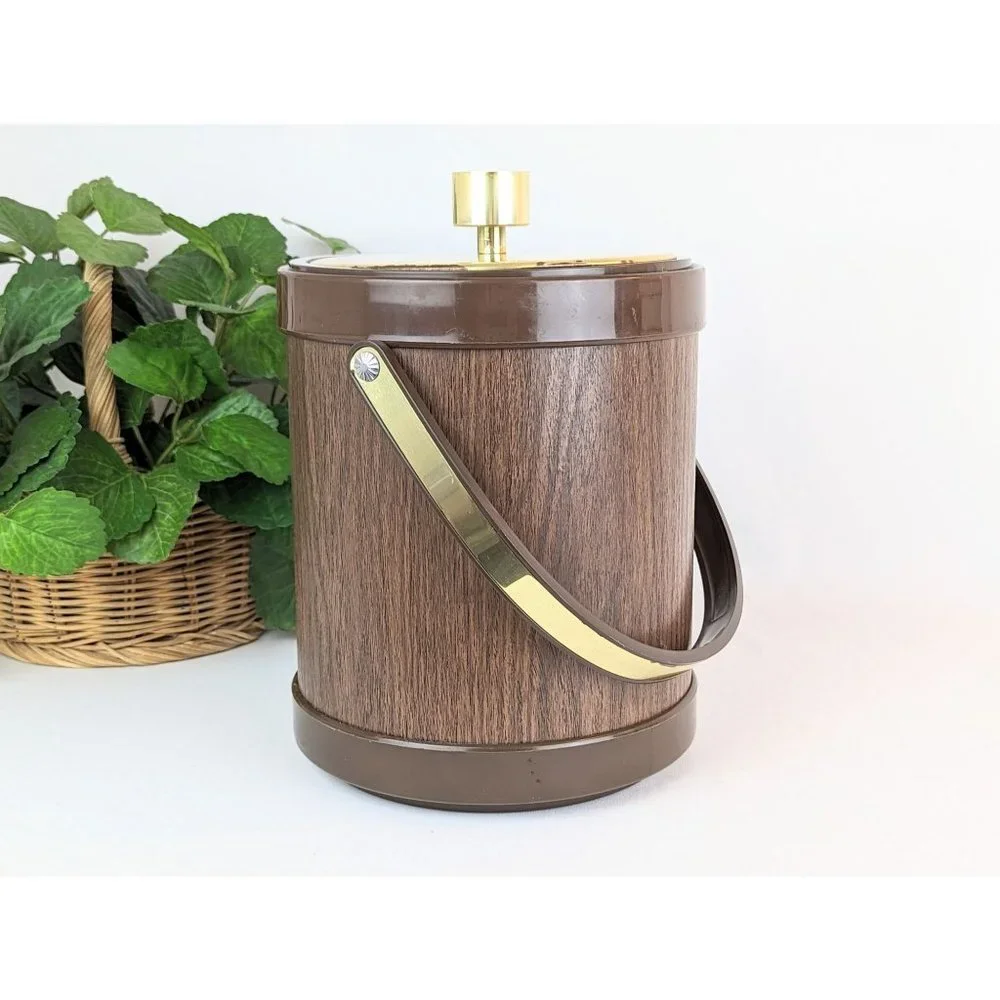 Vintage MCM Vinyl Faux Wood Ice Bucket with Lid Mid Century Barware Wine Chiller
